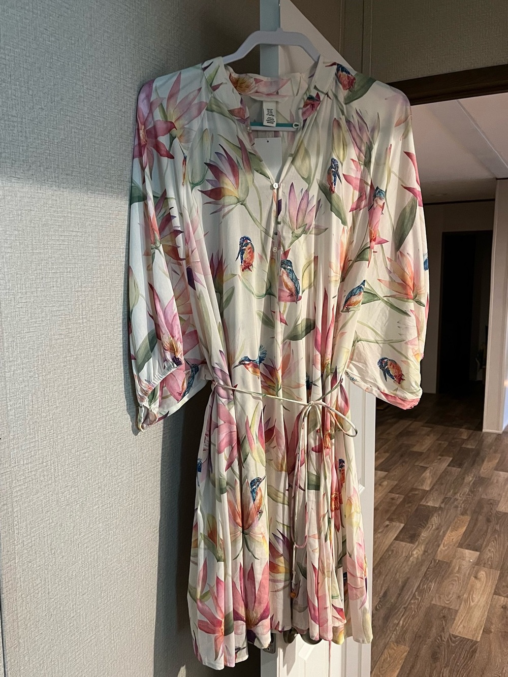 H&M White Mini Dress with Pink Floral & Multicolor Bird Print
